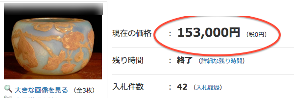 ヤフオクでの落札画面。153,000円で落札